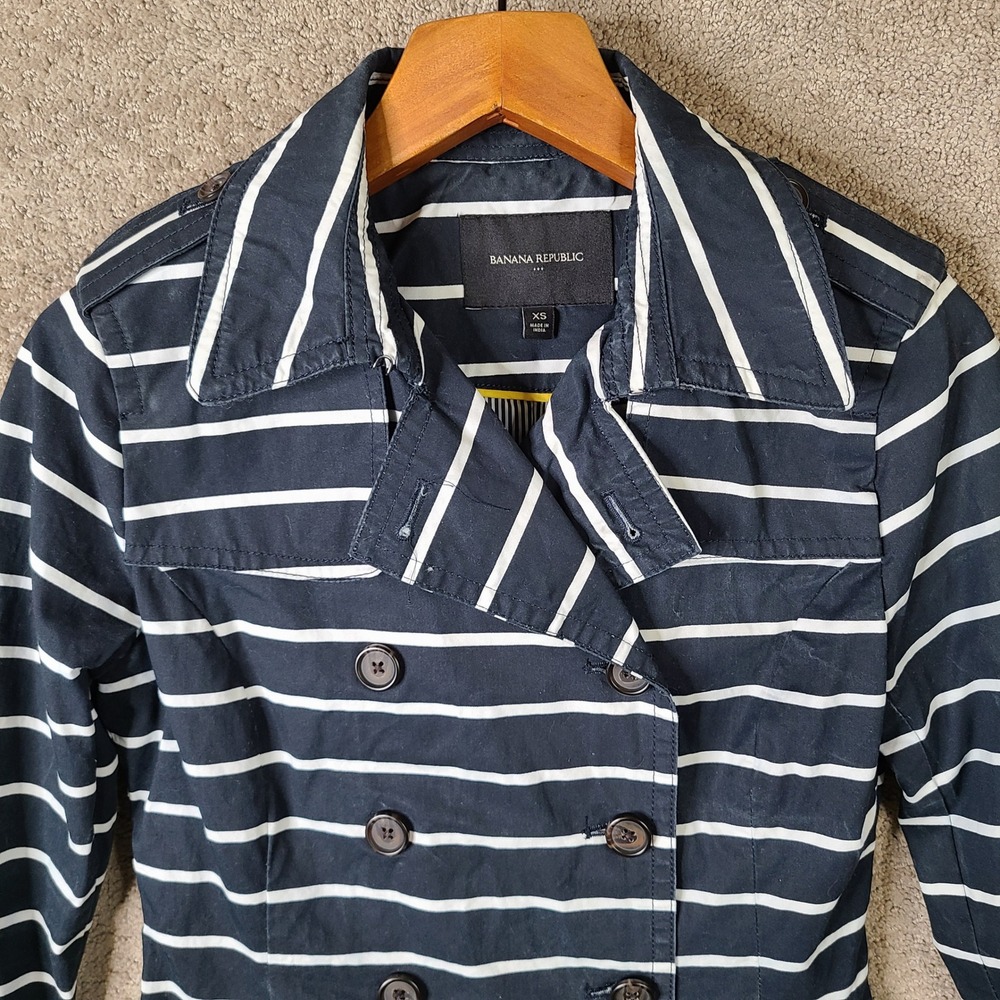 Banana Republic Jacket Women XS Blue White Striped Double Breasted Trench Coat - Picture 2 of 11